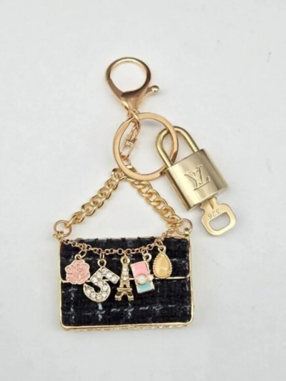 Authentic Louis Vuitton Padlock & Key Gold ✨Unbranded Tweed Bag Charm Keychain